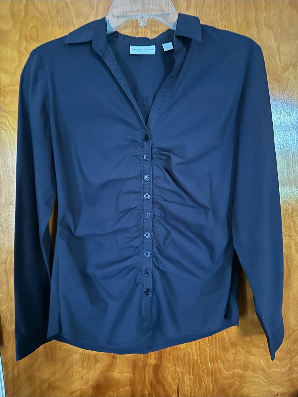 New York Company Navy Ruched Button-Front Blouse